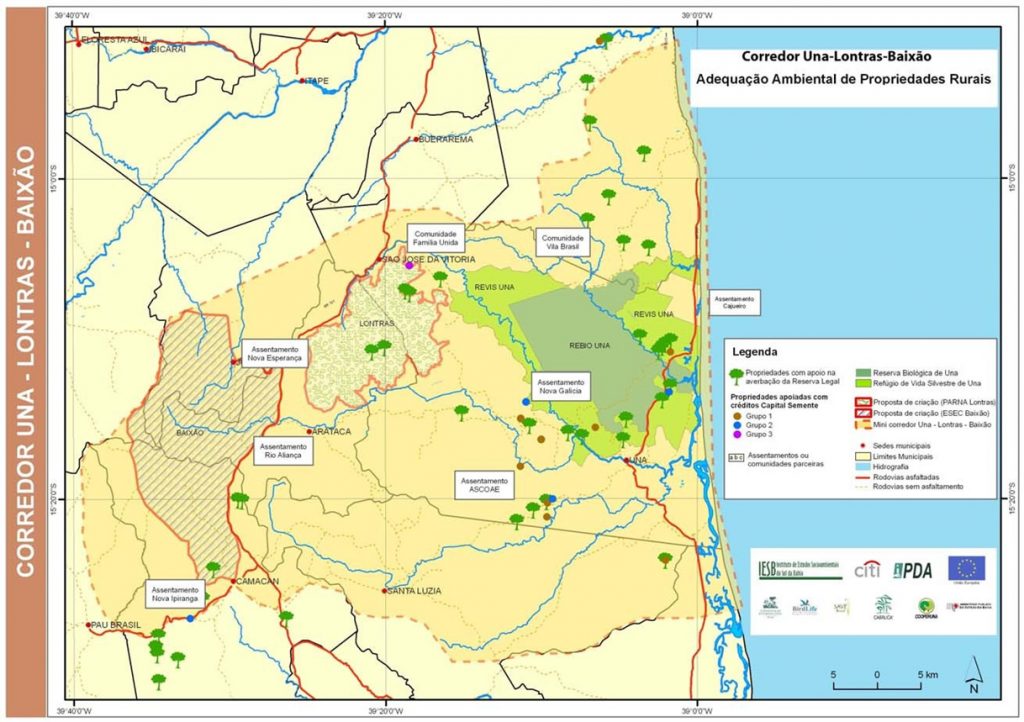 Figura 01. Corredor Una-Lontras-Baixão – comunidades e propriedades rurais atendidas pelo IESB.