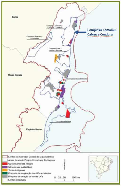 Figura 01. Destaque da Área Focal Camamu-Cabruca-Conduru, onde estão localizadas as RPPNs criadas nesse projeto.